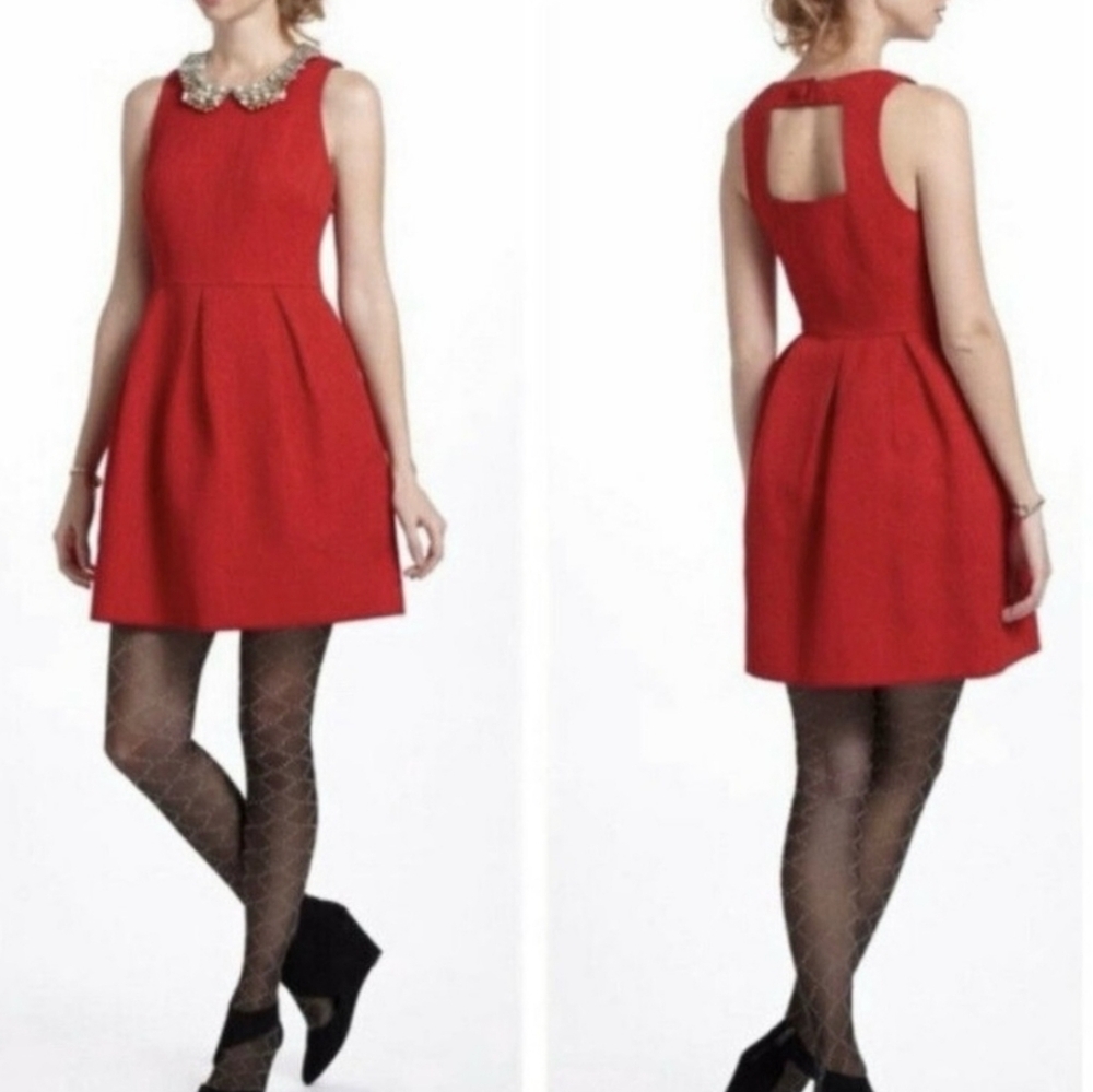 Moulinette Soeurs Anthropologie Red Brocade Dress